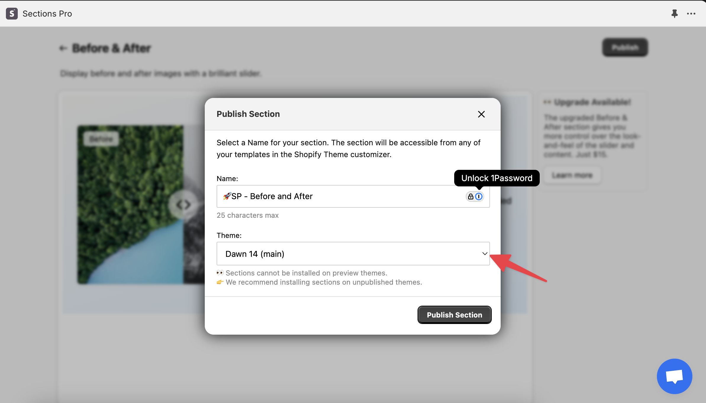 Publish section modal